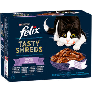 Felix Tasty Shreds vegyes válogatás - Marha, csirke, lazac és tonhal tépett falatok szószban macskáknak - Multipack