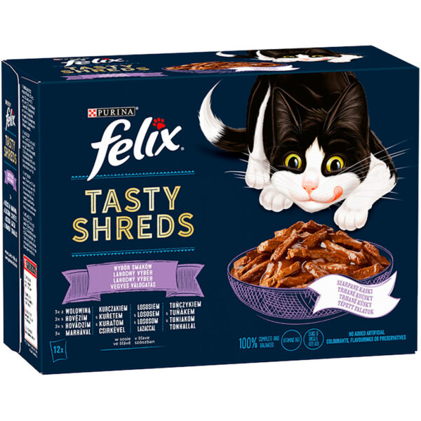 Felix Tasty Shreds vegyes válogatás - Marha, csirke, lazac és tonhal tépett falatok szószban macskáknak - Multipack Felix Tasty Shreds vegyes válogatás - Marha, csirke, lazac és tonhal tépett falatok szószban macskáknak - Multipack